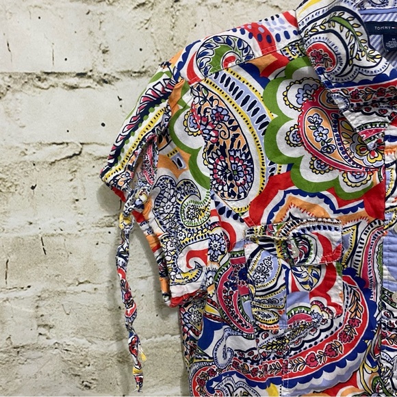 Tommy Hilfiger Blue Orange Paisley Print Tie Cap Sleeve Button Up - Picture 2 of 5